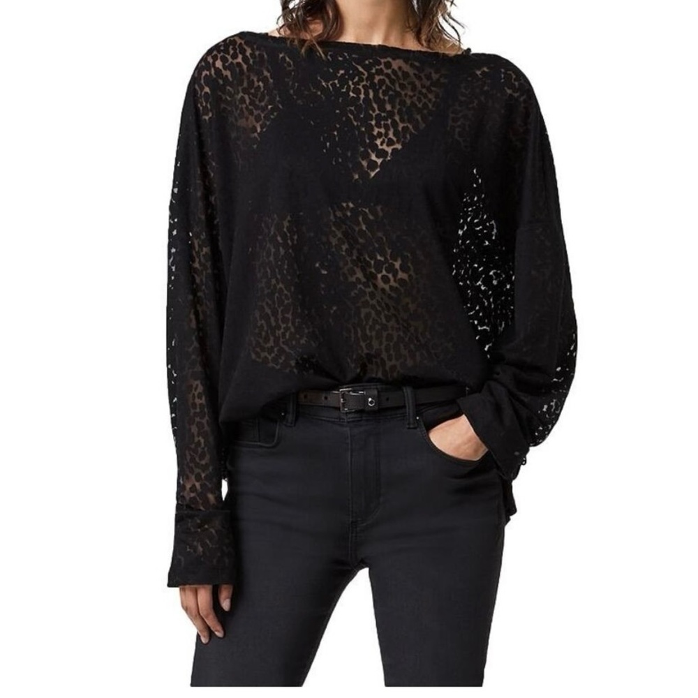 ALL SAINTS Black Rita Semi Sheer Boat Neck Burnout Oversized Shirt Size Large